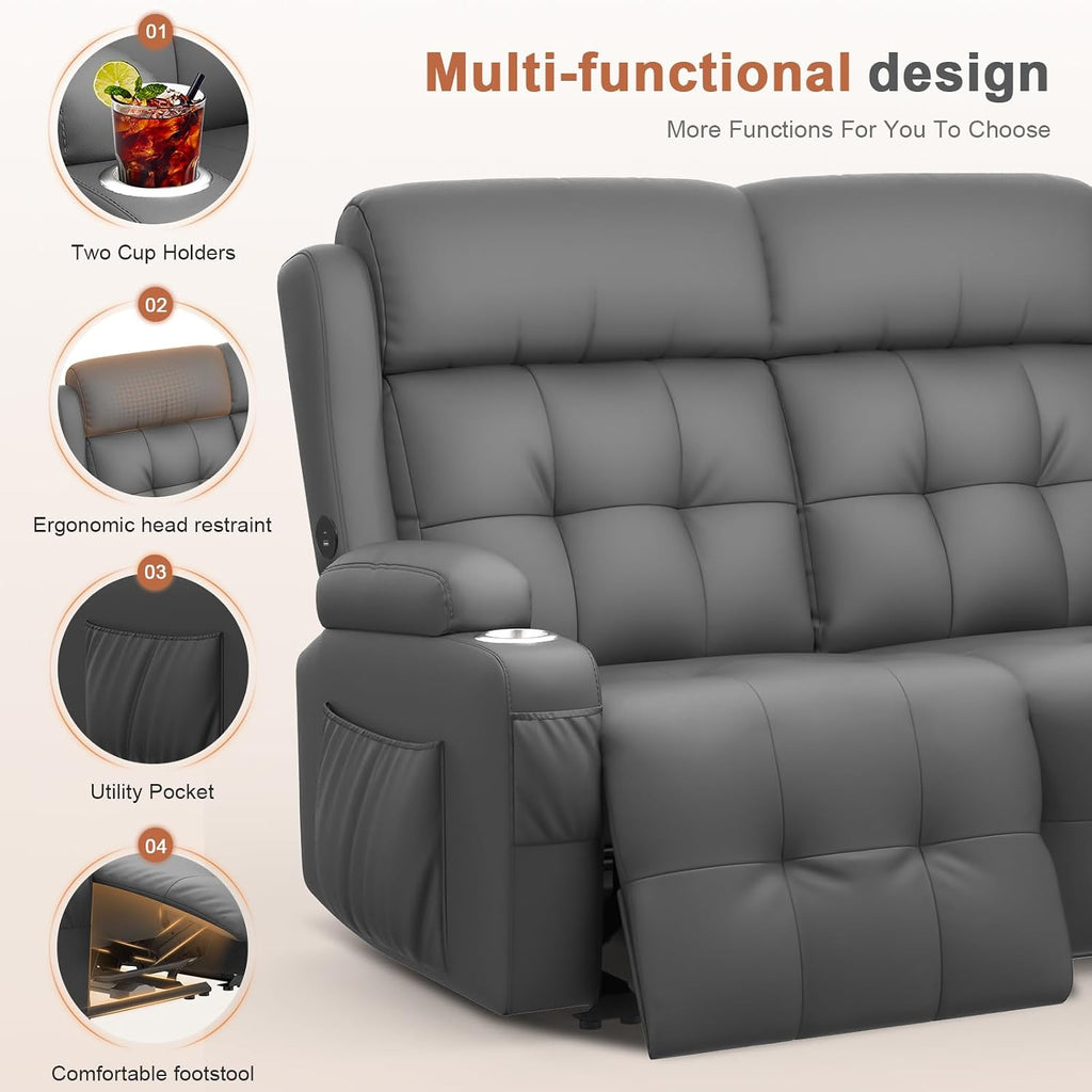 RV Loveseat Recliner Sofa, Massage Wall Hugger Recliners Couch with USB Port, Side Pockets, Cup Holders, 150° Reclining Sleeper, for RV Furniture & RV Camper & Home Theater Seating