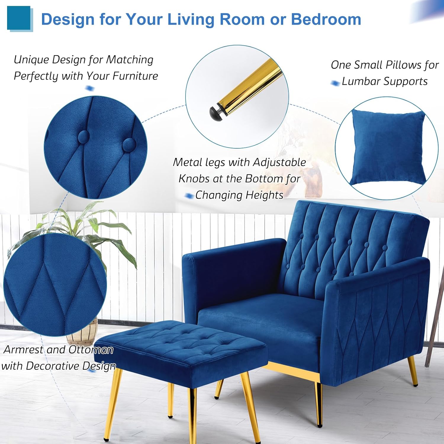 2 Pieces Velvet Futon Sofa Set with Adjustable Backrests and Armrests, 70' Convertible Sofa Bed & Tufted Accent Chair with Ottoman for Living Room, Blue
