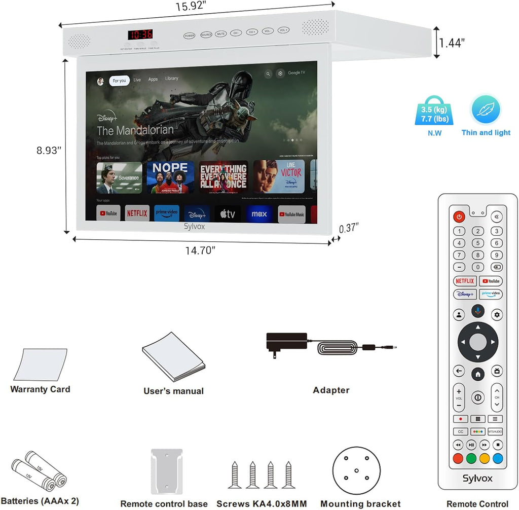 SYLVOX 15.6 inch Smart TV, 1080P FHD RV TV Under Cabinet Television, Android TV Rotated & Folded, Support Google Assistant WiFi Bluetooth, Small TV for Kitchen, Bedroom, RV Camper
