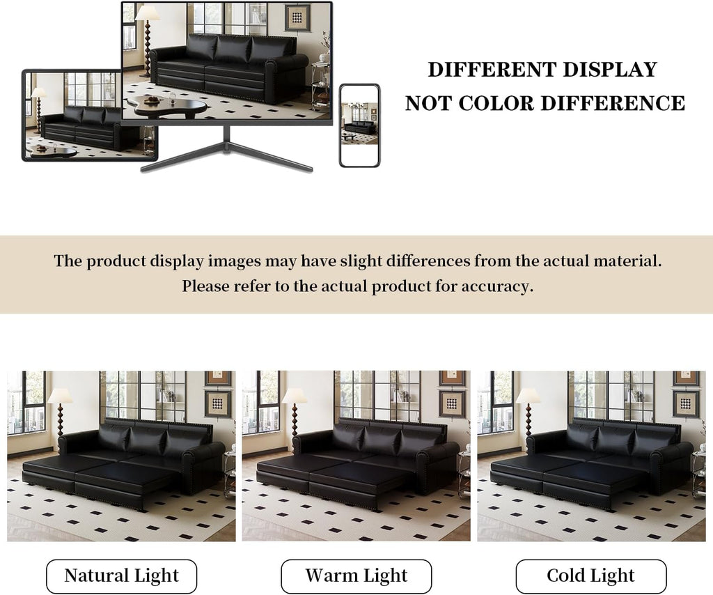 93.7' King Size Sleeper Sofa Bed, Pull Out Sofa Bed, Faux Leather Upholstery, 3 in 1 Convertible Sleeper Couch, Chaise Lounge, Retro Recliner for Living Room, Apartment, Office, Black