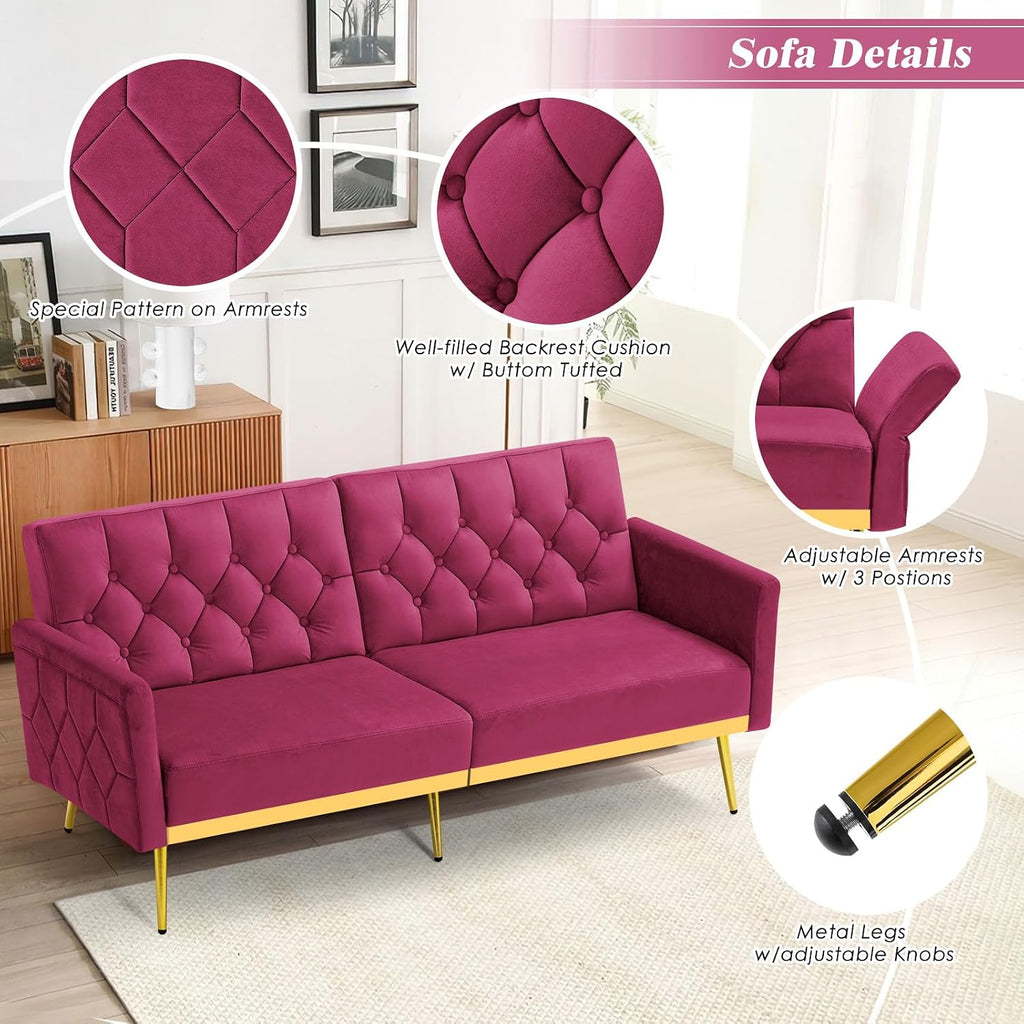 2 Pieces Velvet Sofa Set w/Adjustable Armrests and Backrests, Tufted Accent Chair w/Ottoman, Convertible Futon Sofa Bed for Bedroom, Living Room, Apartment, Fuchsia