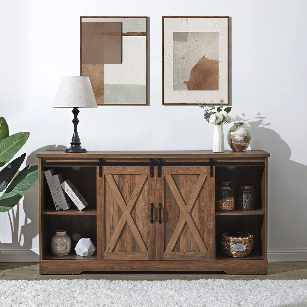 AMERLIFE 59' Fireplace TV Stand for TVs up to 65', Farmhouse Entertainment Center with Sliding Barn Doors, Storage Cabinets and Adjustable Shelves, Barnwood