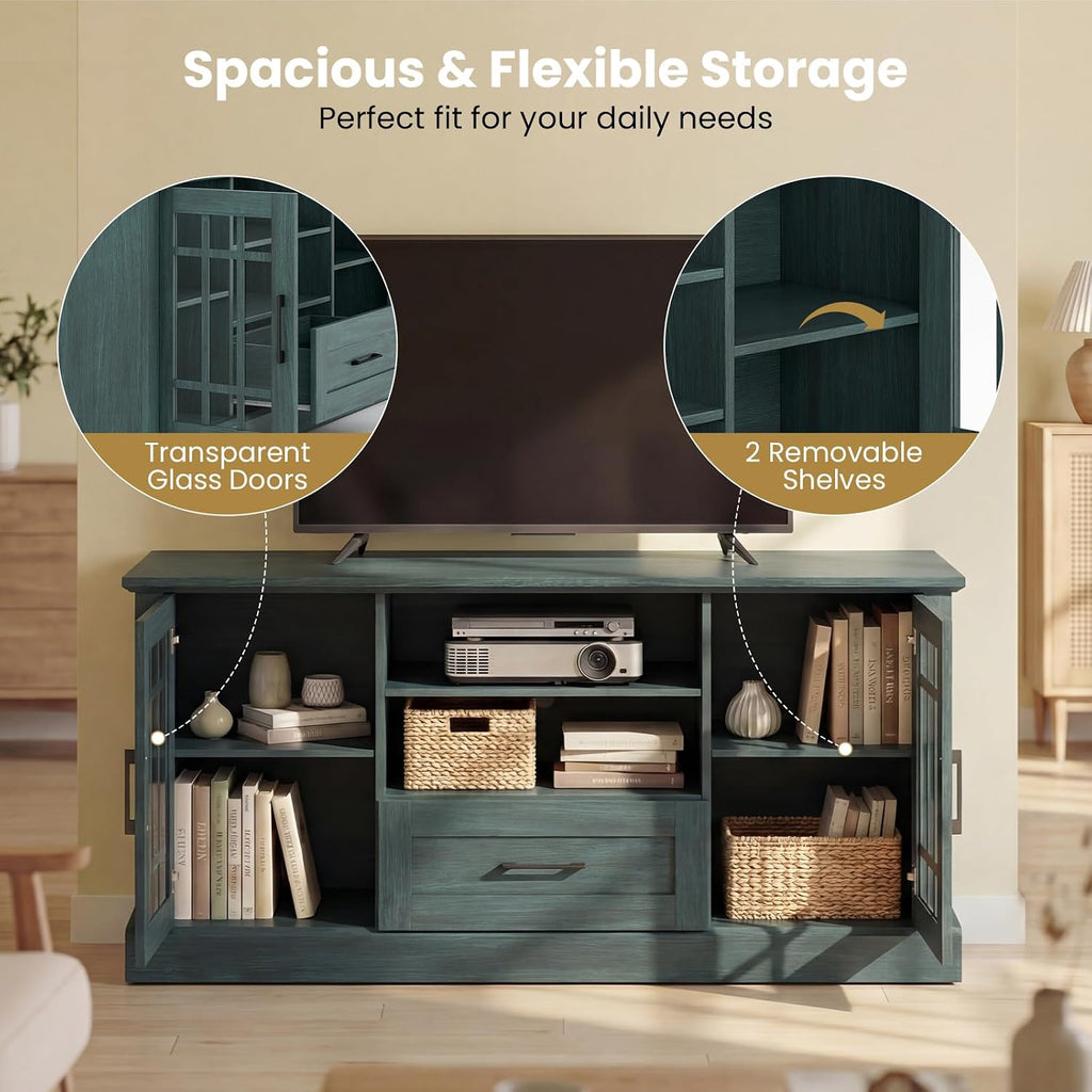 Giantex Farmhouse TV Stand for 65/70 Inch TV, Tall Entertainment Center with Storage Cabinets, Glass Doors, Drawer, Removable Shelves, Media TV Console Table for Living Room, Bedroom (Vintage Green)