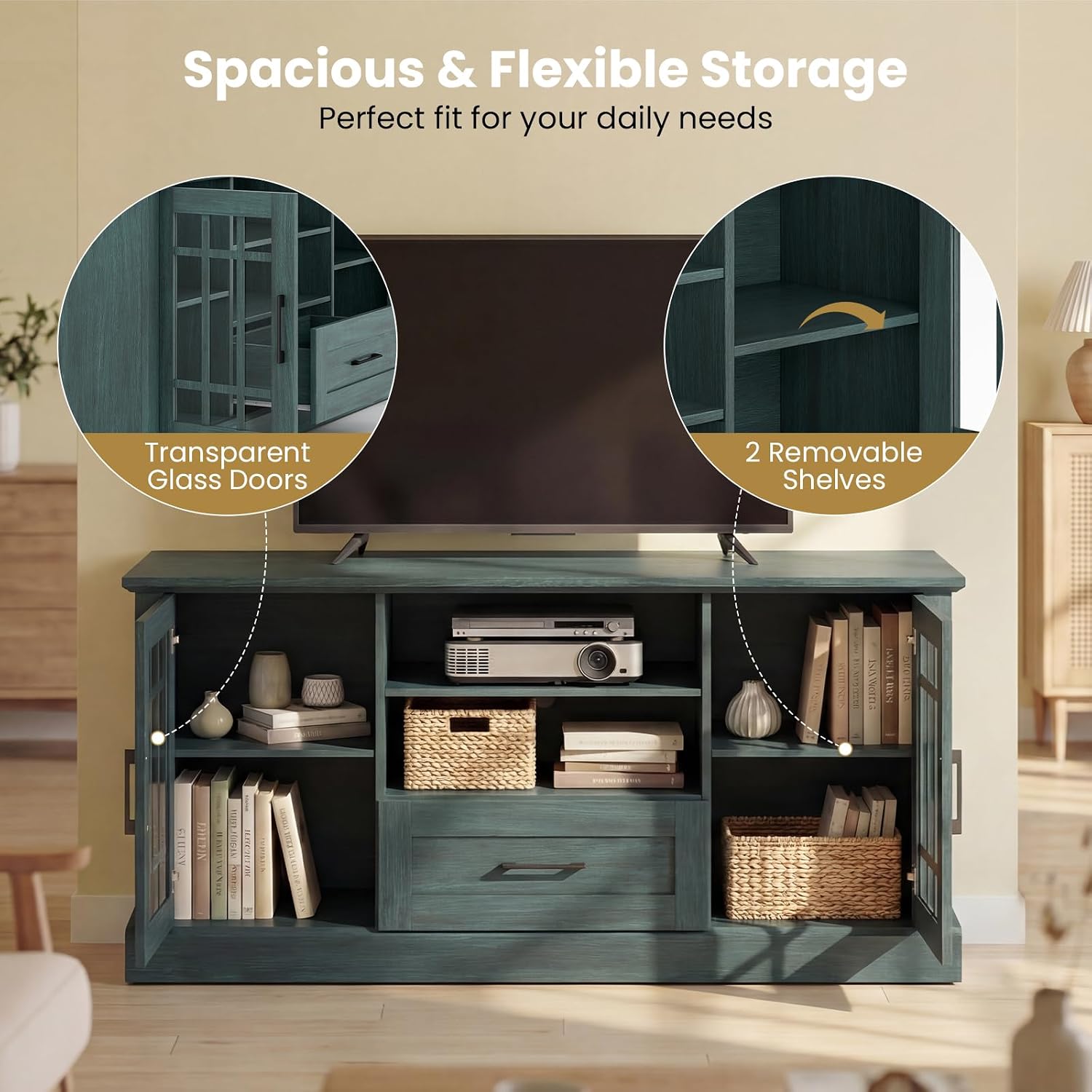 Giantex Farmhouse TV Stand for 65/70 Inch TV, Tall Entertainment Center with Storage Cabinets, Glass Doors, Drawer, Removable Shelves, Media TV Console Table for Living Room, Bedroom (Vintage Green)