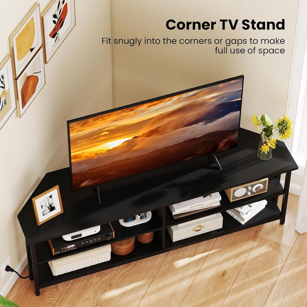 Giantex Corner TV Stand for 65 Inch TV, Modern Entertainment Center w/Power Outlet, Storage Shelves&Metal Frame, Media TV Console Table for Living Room, Bedroom, Small Spaces, Black