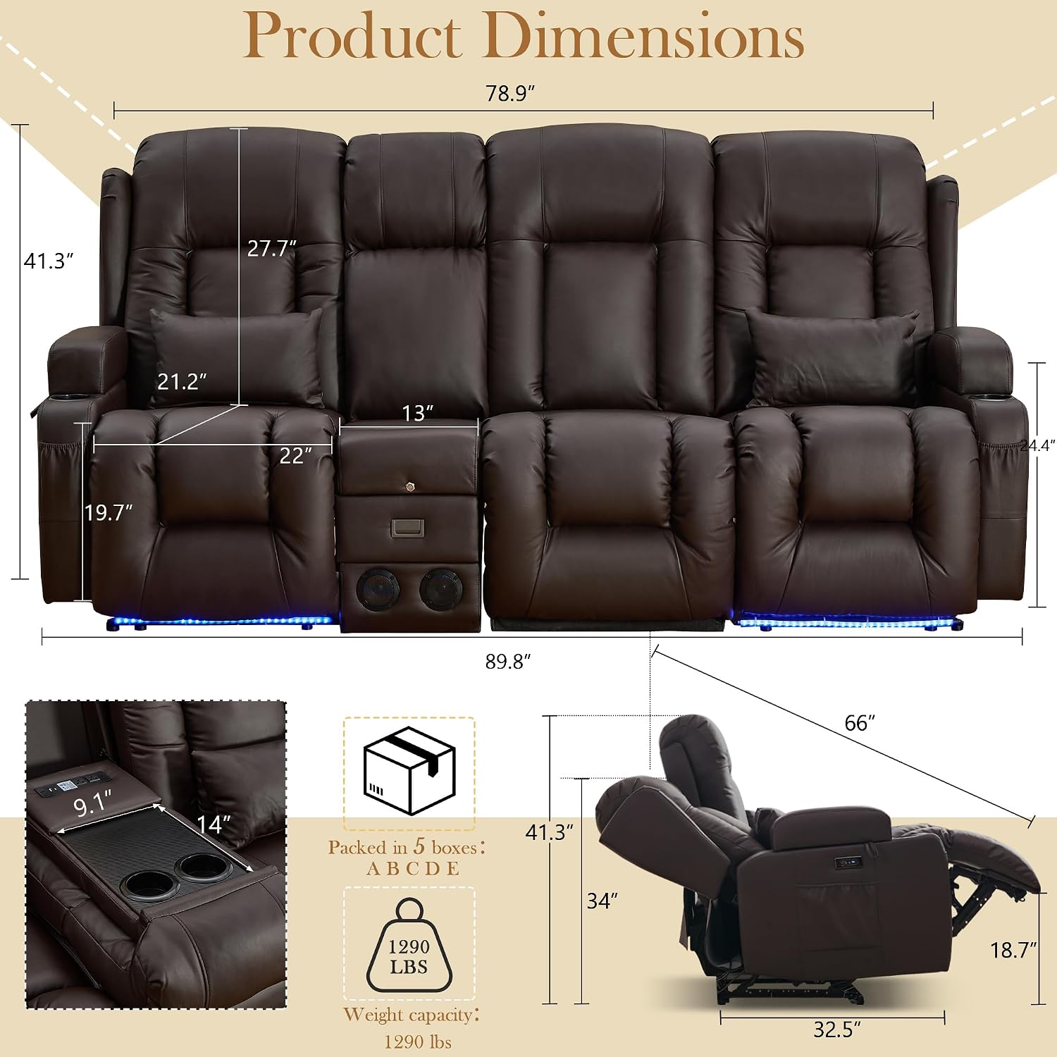 TUNYI Power Loveseat Recliner Sofa with Massage & Heat Home Theater Seating with Console RV Recliner Loveseat Sofa with USB/Storage/Side Pocket/LED Light/Speaker (Brown, 3 Seat with Console)