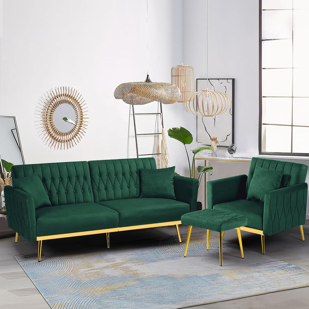 2 Pieces Velvet Sofa Set with Adjustable Armrest and Backrest, 70' Convertible Futon Sofa Bed & Mordern Accent Chair with Ottoman for Living Room, Bedroom, Green