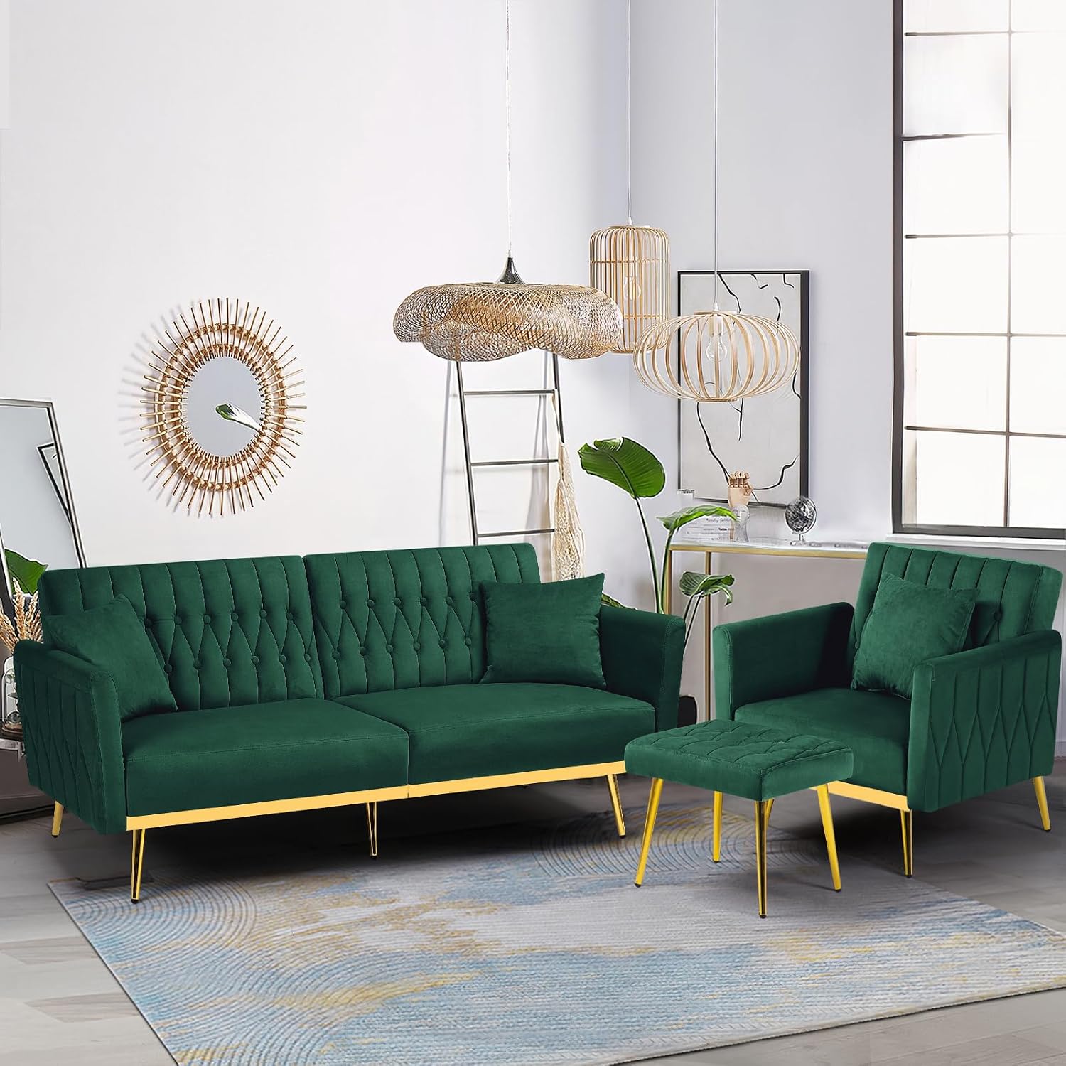 2 Pieces Velvet Sofa Set with Adjustable Armrest and Backrest, 70' Convertible Futon Sofa Bed & Mordern Accent Chair with Ottoman for Living Room, Bedroom, Green