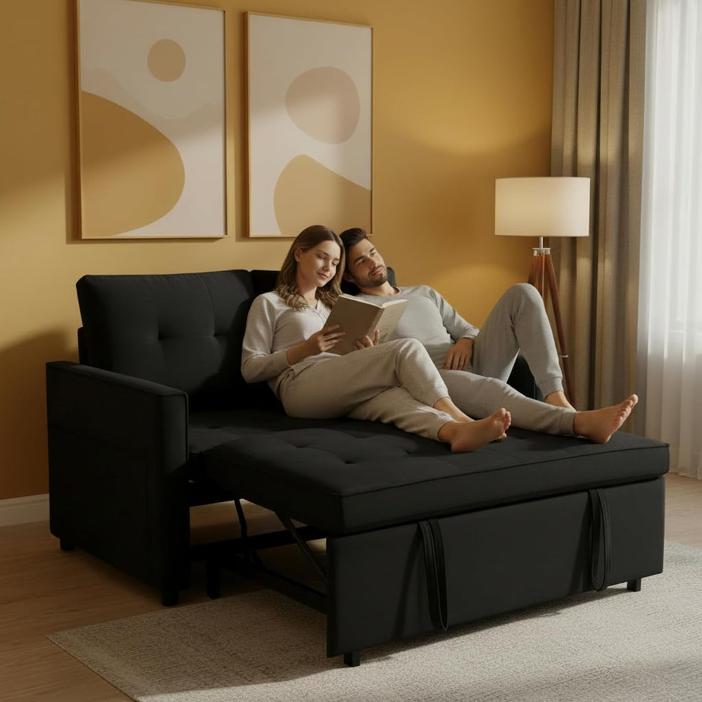 Sofa Bed, Pull Out Couch with Side Pockets, 3 in 1 Velvet Fabric Loveseat Sleeper Sofa Bed, Pull Out Couch with Adjustable Backrest for Living Room, Bedroom, Apartment, Black, 53 Inch