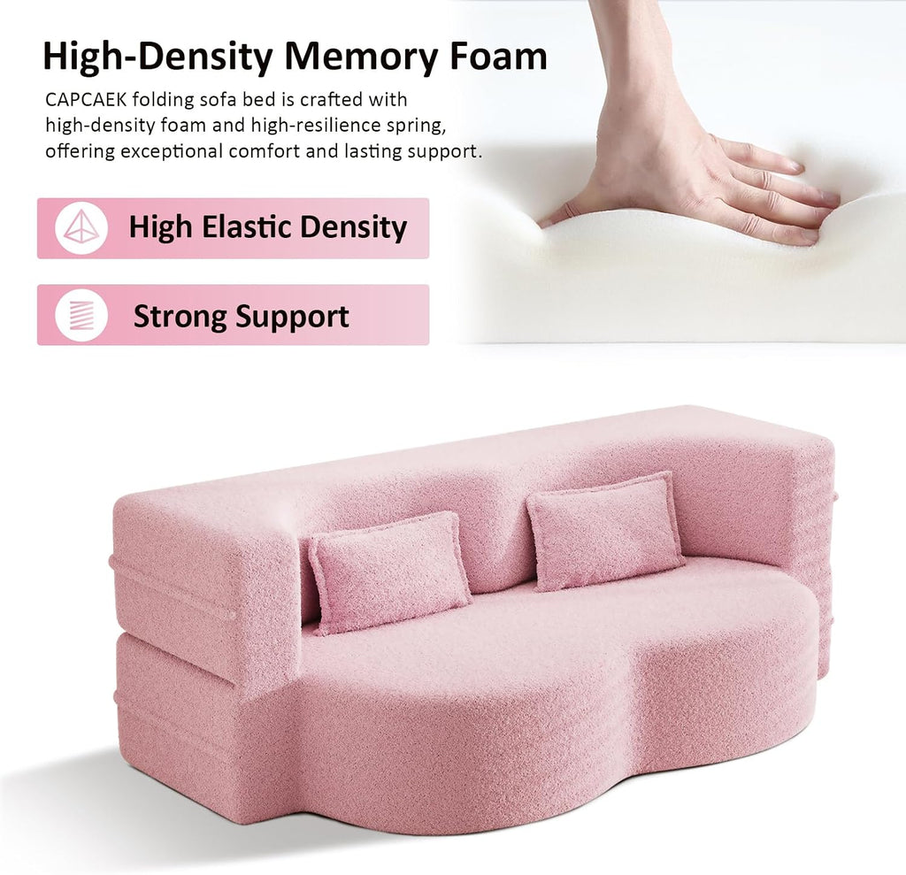 CAPCAEK Folding Foam Sofa Bed,15' Full Size Floor Couch,Convertible Teddy Fabric Foam-Filled Sleeper Futon Loveseat Couch for Living Room, Guest Use, Office, Apartmen (Pink)