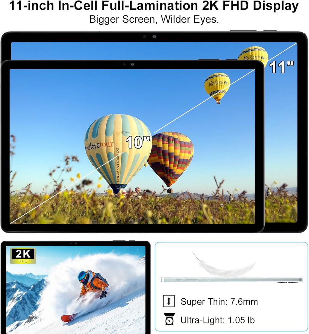 2026 Latest 11 inch Android Tablet, 18GB RAM 128GB ROM, 1TB Expandable, 2K Display, T616 Octa-Core, 13MP+5MP+5MP Camera, 9000mAh Battery, GPS, Face ID, Quad Speakers, Tablet with Keyboard and Pen