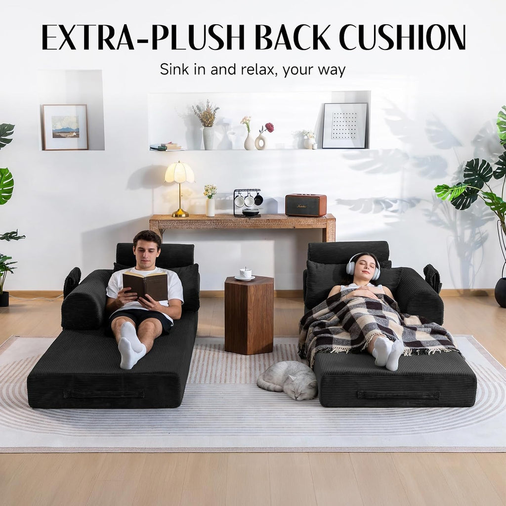 79' Corduroy Sofa Bed Sleeper Couch, 6-in-1 Convertible Boneless Floor Futon Loveseat, High-Density Foam Couch in a Box with 2 Headrest Pillows, No Assembly, Black