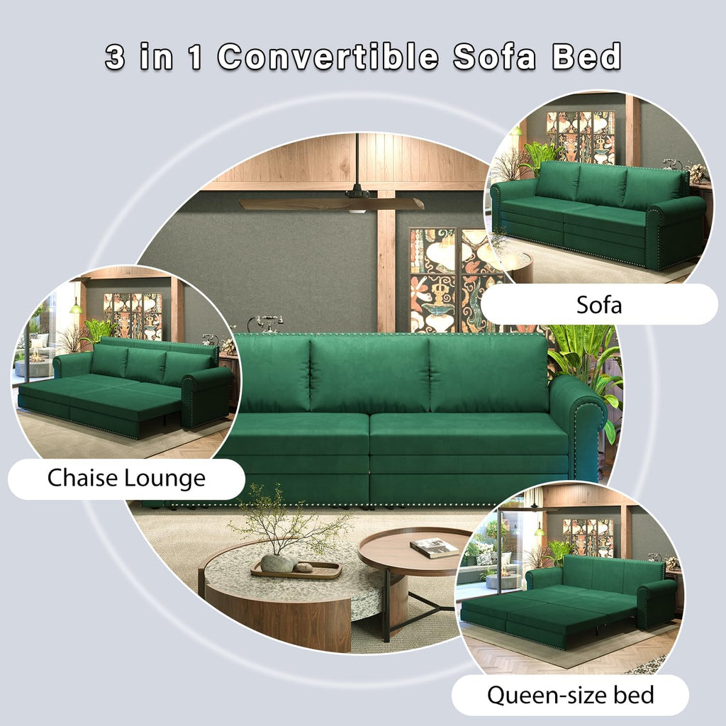 93.7' King Pull Out Sofa Bed, Velvet Sleeper Sofa Couch, 3 in 1 Convertible Futon Couches for Living Room, Small Space, Apartment, Office, Bedroom, Modern Rivet Armrest, Green
