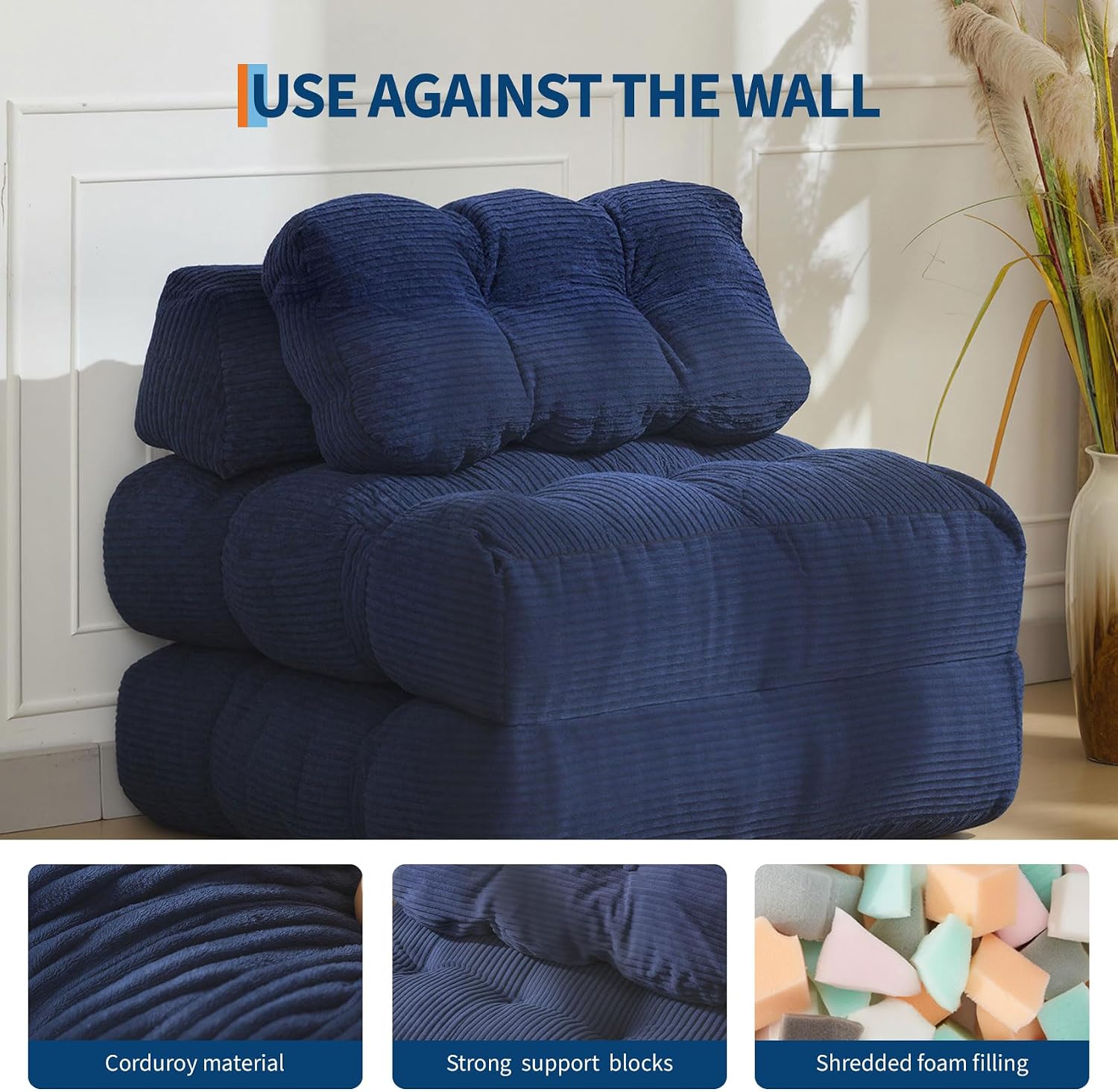 Folding Sofa Bed, 3-in-1 Convertible Sleeper Chair with Pillow, Futon Couch Bed with Back Support, Portable Fold Out Chair Bed Comfy Floor Sofa Lounge for Living Room Bedroom, Navy Blue
