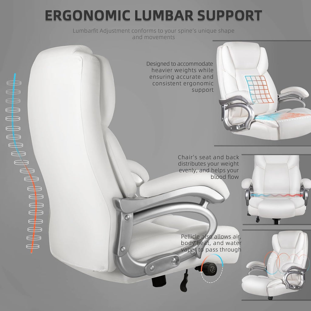 VITESSE 600lbs Heavy Duty Office Chair for Low Back Pain Relief, Big and Tall Office Chair with Ergonomic Lumbar Support, High Back Executive Chair with Quiet Rubber Wheel（White）