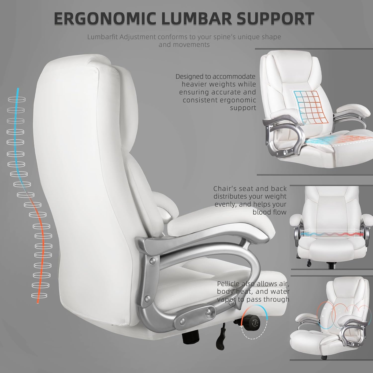 VITESSE 600lbs Heavy Duty Office Chair for Low Back Pain Relief, Big and Tall Office Chair with Ergonomic Lumbar Support, High Back Executive Chair with Quiet Rubber Wheel（White）
