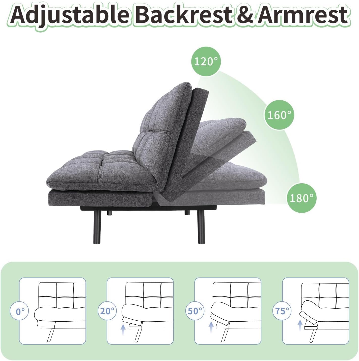 MUUEGM 71' Convertible Futon Sofa Bed, Upholstered Small Futon Couches with Adjustable Backrest, Loveseat Sleeper Bed for Compact Living Room Studio Office (Charcoal Gray)