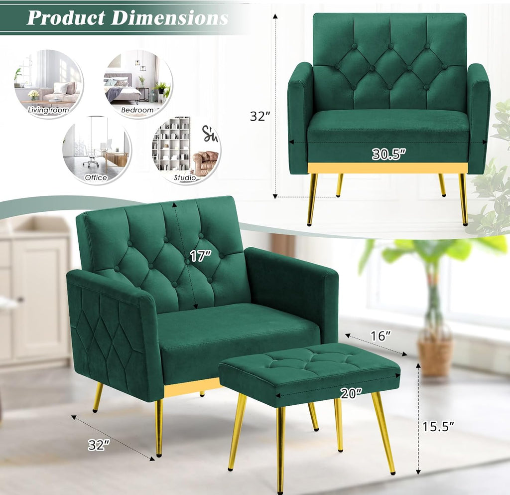 2 Pieces Velvet Sofa Set w/Adjustable Armrests and Backrests, Tufted Accent Chair w/Ottoman, Convertible Futon Sofa Bed for Bedroom, Living Room, Apartment, Green