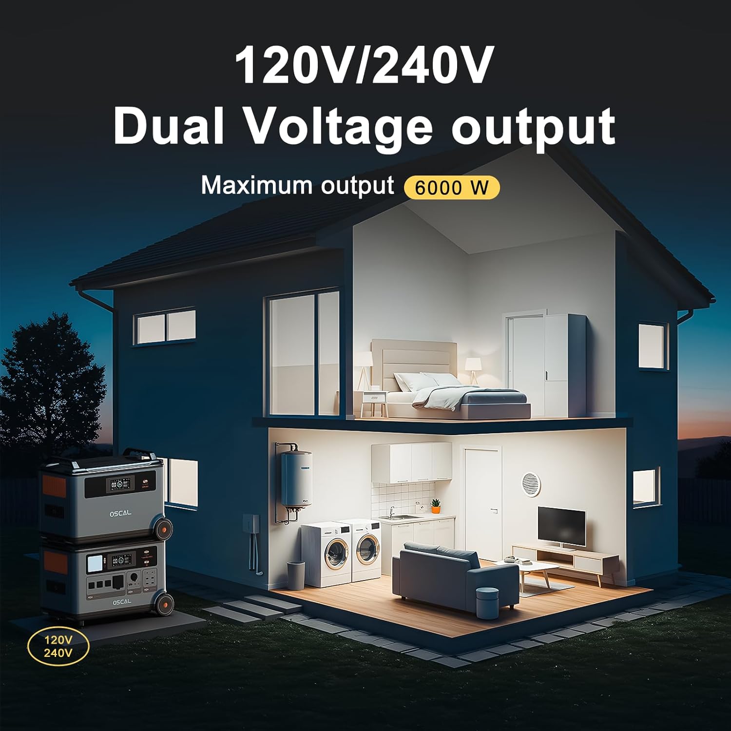 OSCAL 6000W Solar Generator, 120/240V Split Phase Voltage Portable Power Station PowerMax 6000,6000W AC Outlets (9000W Peak), 3600Wh LFP Battery, Expandable to 57.6kWh,1.96H Fast Charging 33
