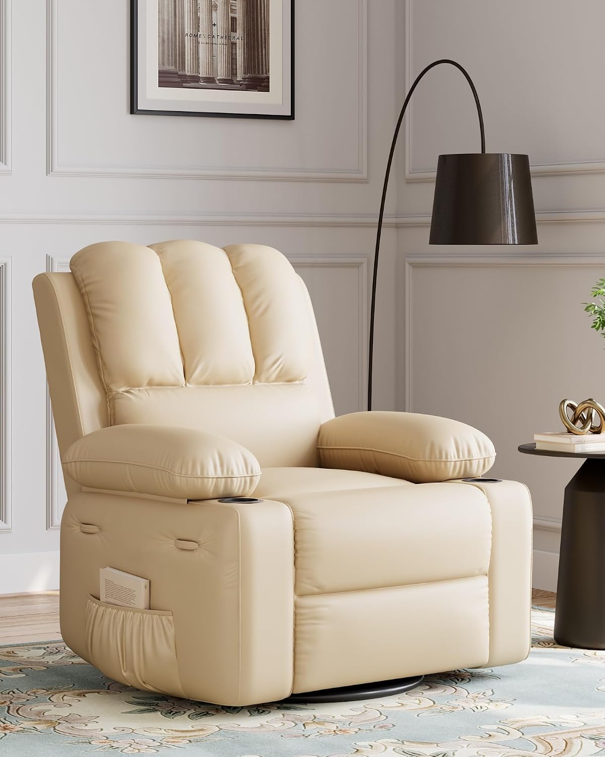 22 in Leather Recliner Chair for Adults, Overstuffed Manual Recliner Chair, Single Sofa with Cup Holder and Side Pockets, Upholstered Chair for Living Rooms, Creamy