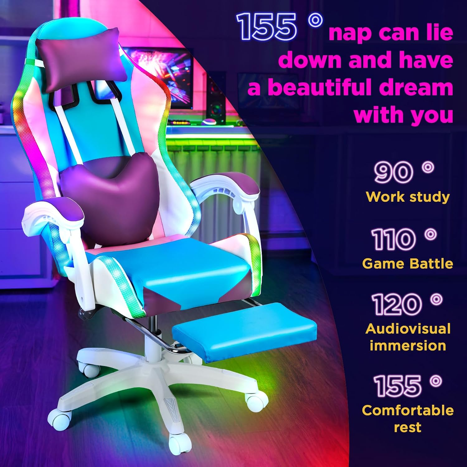 Talent Star Ergonomic Gaming Chair,Reclining Video Game Chair,with RGB LED Lights Massage and Footrest Heart High Back Adjustable Lumbar Support for Adult Height Adjustable with 360° Swivel Chair Pu