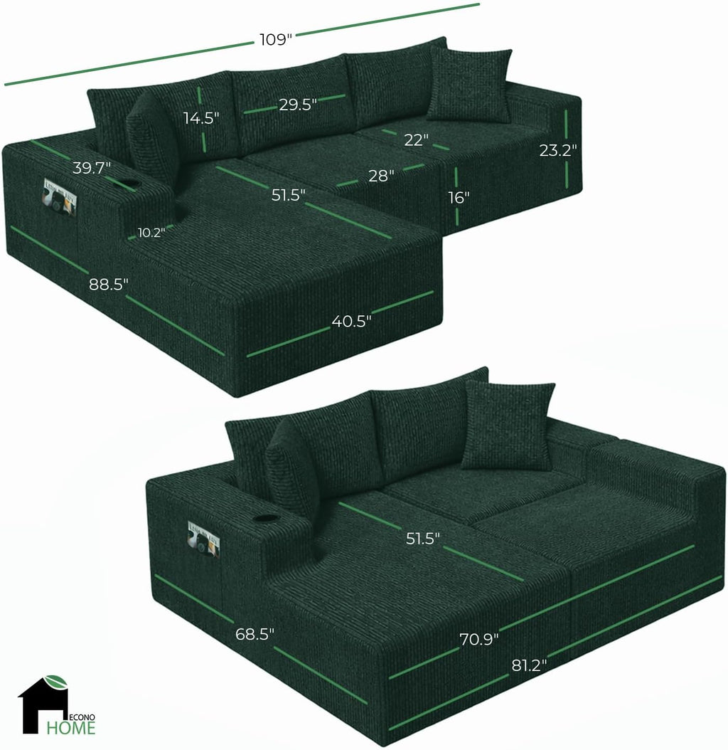 EconoHome Boneless Cloud Sectional Sofa - Plush Deep Seat L-Shaped Couch for Relaxing & Entertaining, Durable Construction & Easy Assembly, Perfect Addition to Any Living Room