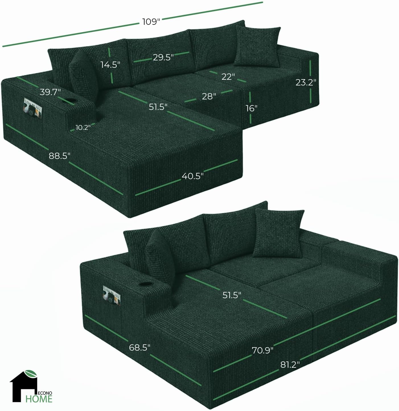 EconoHome Boneless Cloud Sectional Sofa - Plush Deep Seat L-Shaped Couch for Relaxing & Entertaining, Durable Construction & Easy Assembly, Perfect Addition to Any Living Room