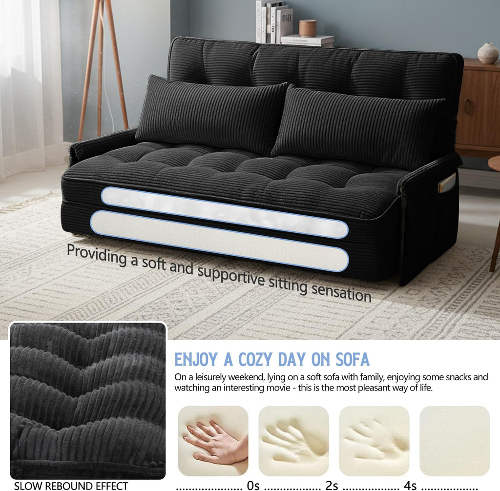 Convertible Futon Sofa Bed with Adjustable Backrest Pillows,Folding Loveseat Sleeper Sofa,Corduroy Pull Out Couches with Side Pocket for Living Room Bedroom Lounge（Charcoal）