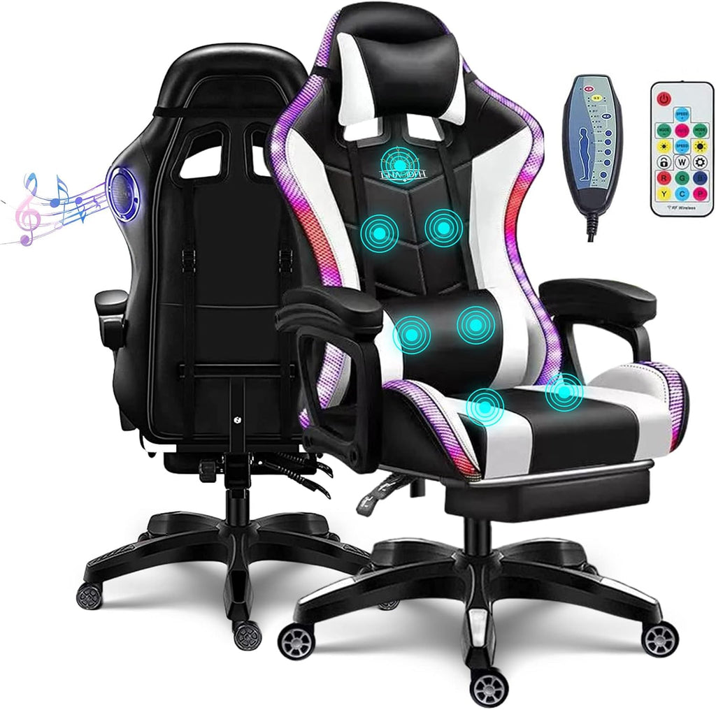 Gaming Chair with LED Light Ergonomic Video Game Chairs with Bluetooth Speakers Adjustable Armrest Height PU Leather Racing Chair Computer Office Swivel Chair for Adult Teens,White