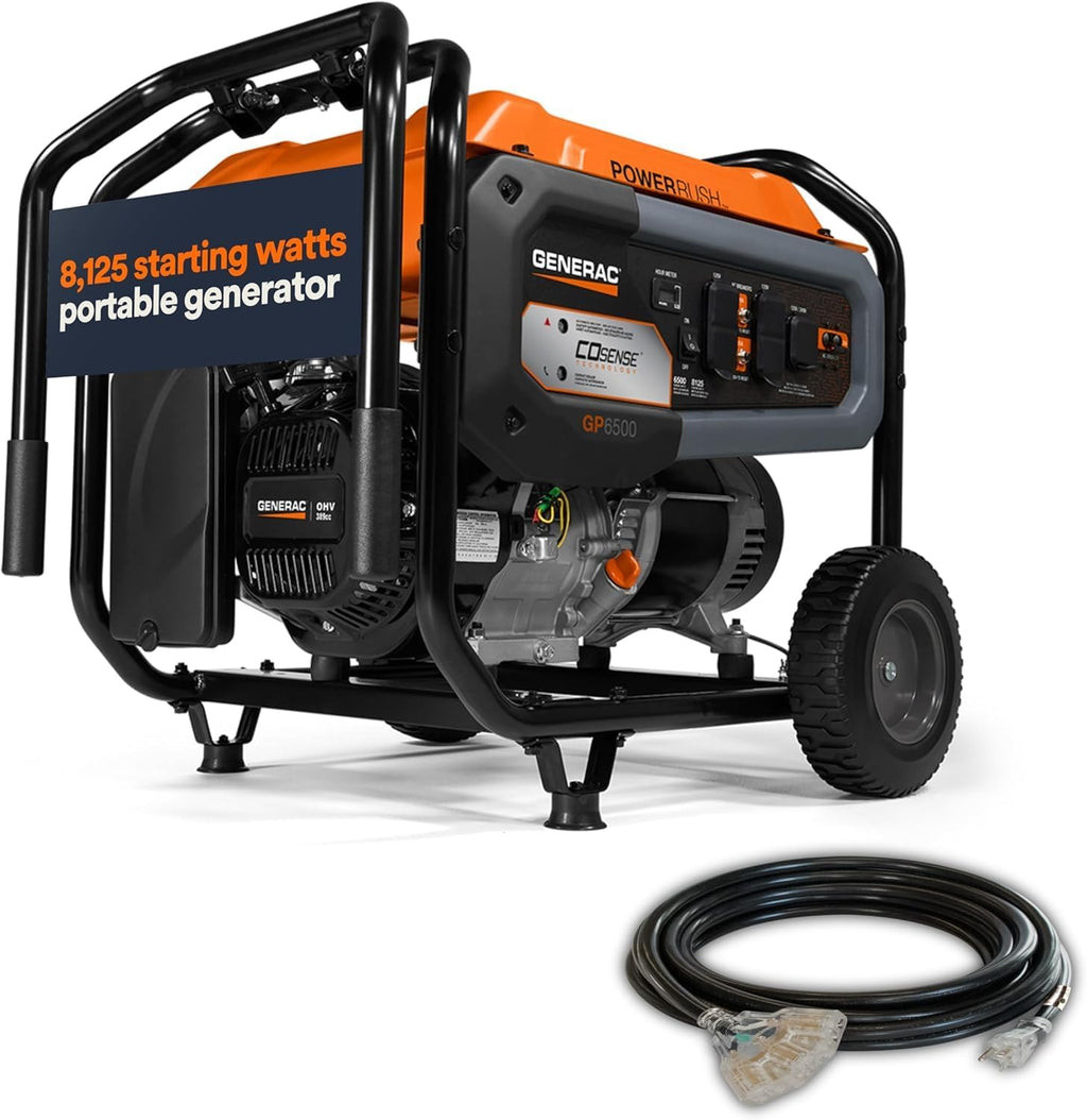 Generac 8,125 Starting Watt Portable Gas Generator with Extension Cord, PowerRush Technology, COsense Carbon Monoxide Detection, 10.5 Hour Runtime, Home Backup Emergency Power, 49-State Compliant
