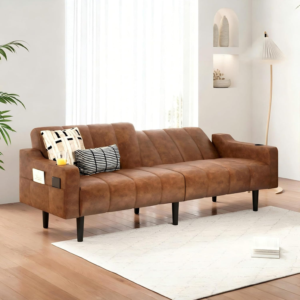 80'' Futon Sofa Bed,Faux Leather Futon Sleeper Sofa, Convertible Loveseat with Adjustable Sofa Backrest,Modern Couches for Living Room, Bedroom, Apartment, Office (Dark Brown)