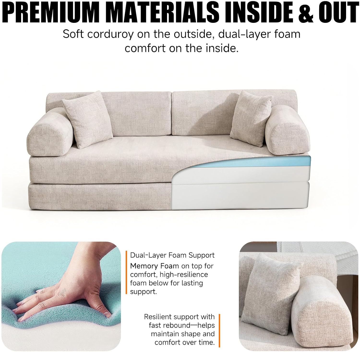 78.8' Memory Foam Boneless Couch, Corduroy Floor Sofa Bed, Convertible Sleeper Futon Loveseat, Wide Armrests & Back Support, Supports Up to 1200 lbs, Couch in a Box with 2 Pillows, Light Camel