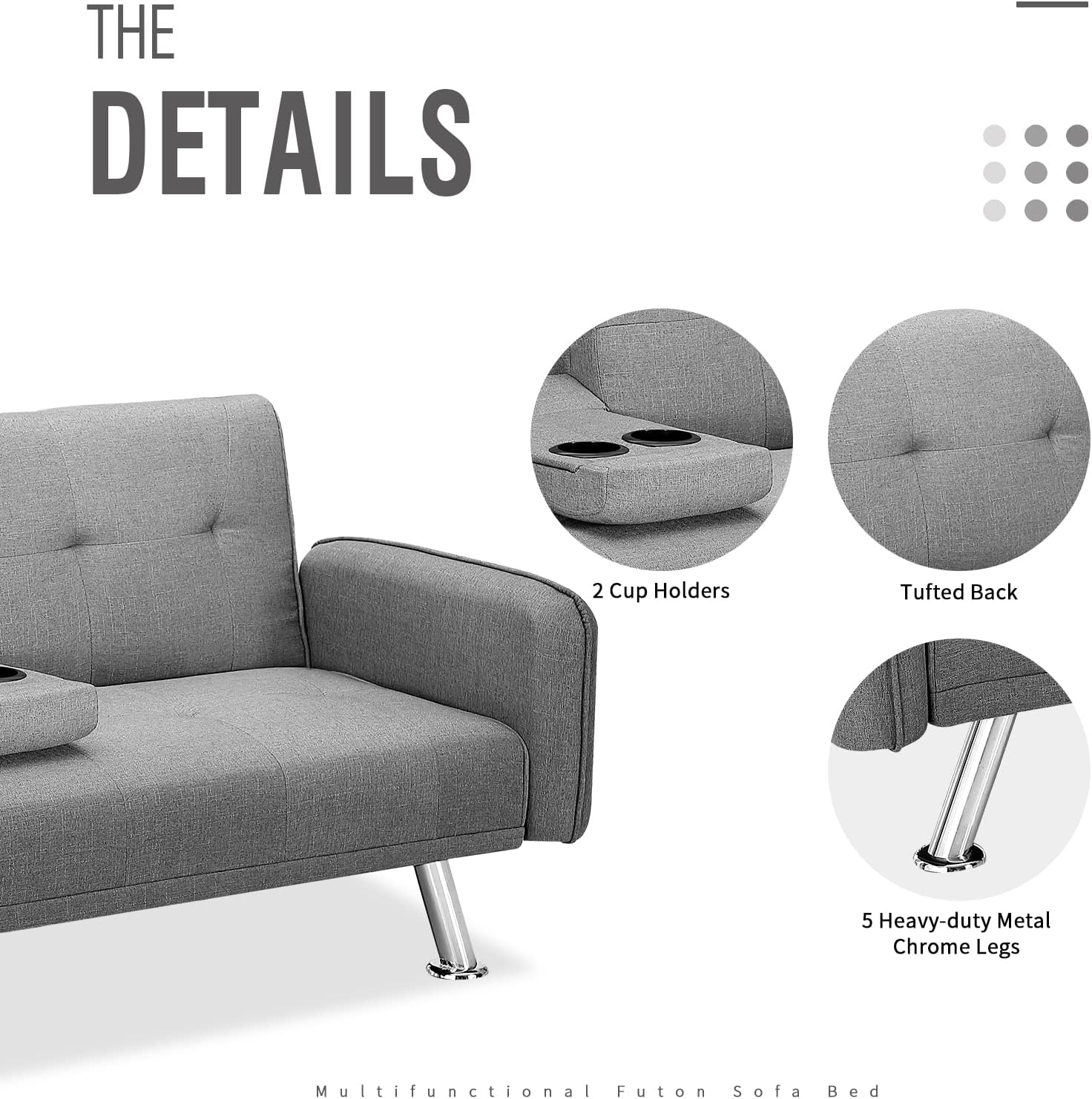 Futon Sofa Bed, Convertible Couch with 2 Cup Holders, Loveseat with Armrest for Studio, Apartment, Office, Living Room, Light Grey