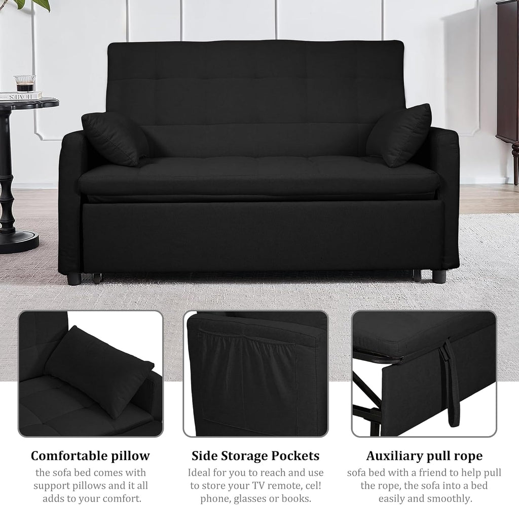 Oversized 3-in-1 Convertible Sleeper Sofa Bed, Futon Couch with Pullout Bed, 2-Seater Loveseat Sofa w/Pockets, Adjustable Backrest and Pillows for Living Room Apartment (Black-Button Tufted)