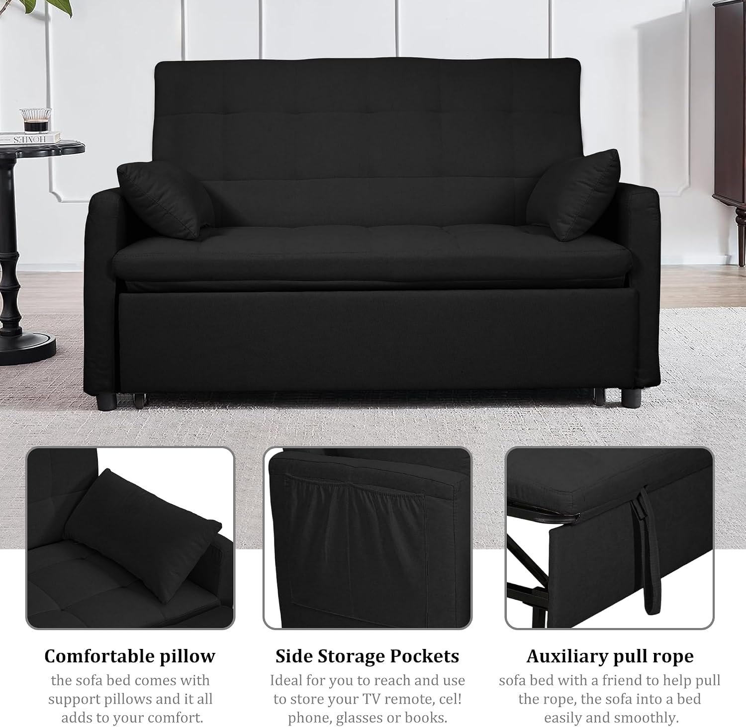 Oversized 3-in-1 Convertible Sleeper Sofa Bed, Futon Couch with Pullout Bed, 2-Seater Loveseat Sofa w/Pockets, Adjustable Backrest and Pillows for Living Room Apartment (Black-Button Tufted)