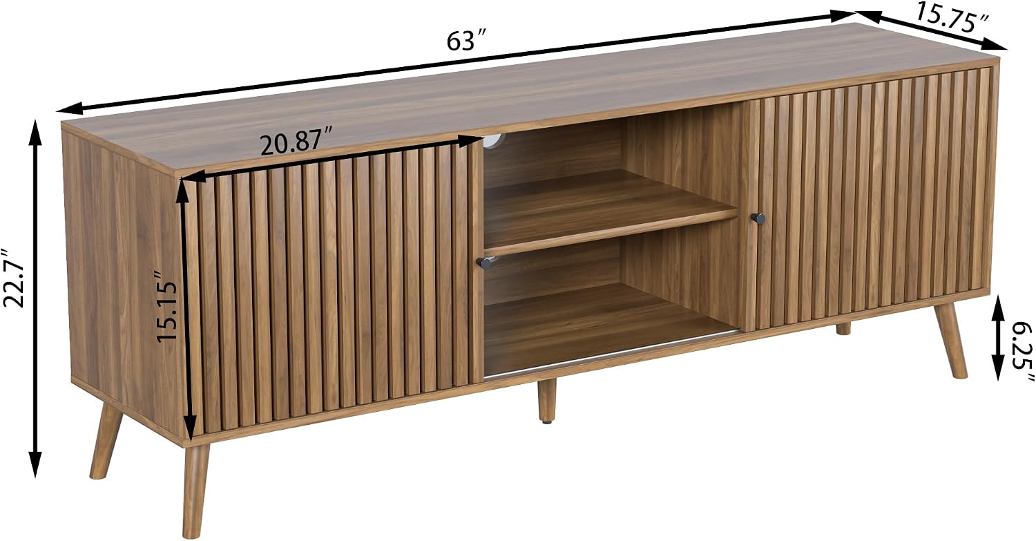 Oubayajia Mid Century Modern TV Stand for Televisions up to 70 Inches, with Sliding Doors and Storage, Television Stands, TV Consoles, Media Consoles for Living Room, 63 Inch (Walnut)