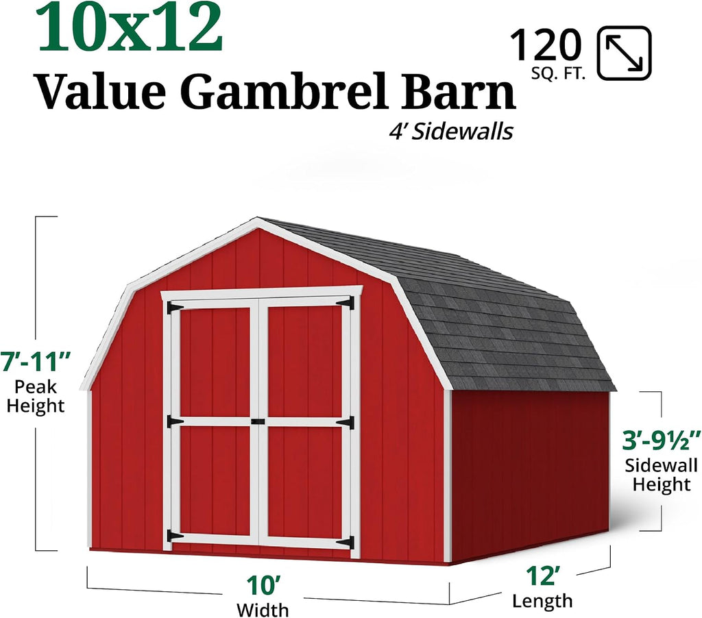 Little Cottage Co. 10x12 Value Gambrel Barn with 4 ft. Sidewalls with Floor, Outdoor Wood Storage Shed Do-It-Yourself Precut Kit