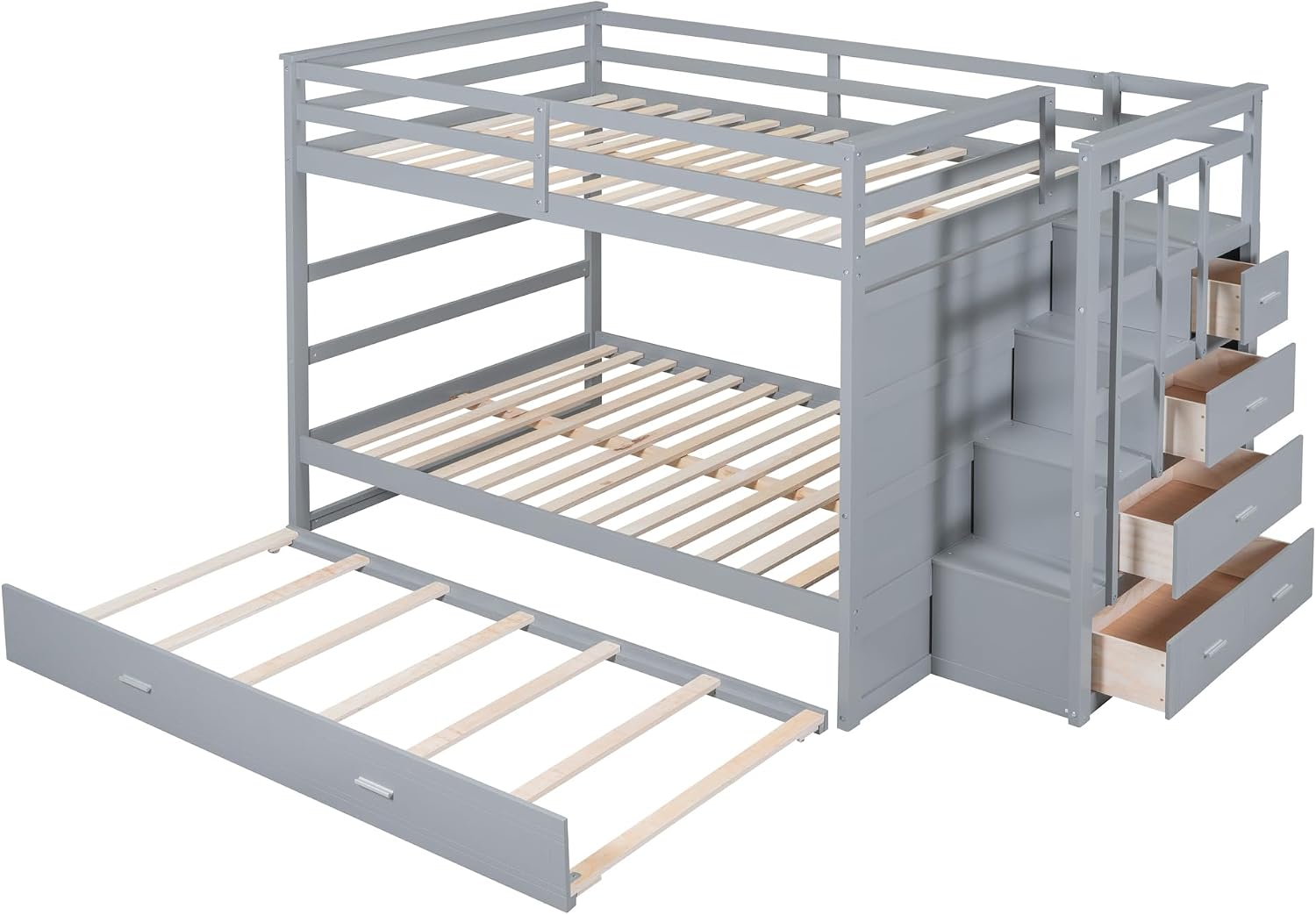 Harper & Bright Designs Full Over Full Bunk Bed with Twin Size Trundle and Stairs, Kids Bunk Beds with Storage Drawers, Wood Full Bunk Beds with Trundle and Guardrail for Kids Teens Adults, Gray