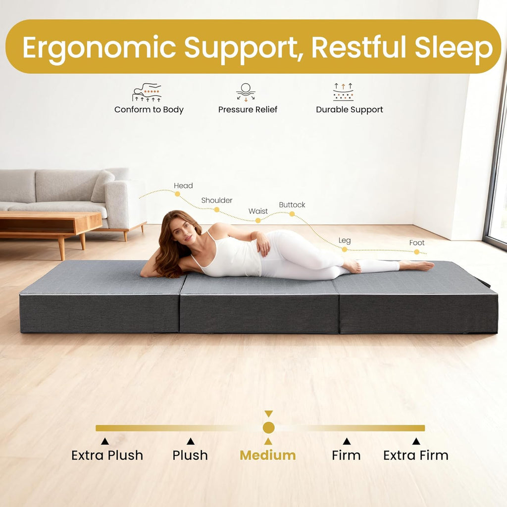 Tri Folding Mattress Full Size - 6 Inch Dual-Layer Memory Foam Foldable Mattress Portable Futon Sofa Bed with Removable Washable Cover, Handle & Non-Slip Bottom for Guest, Camping, RV, Yoga, Home Use