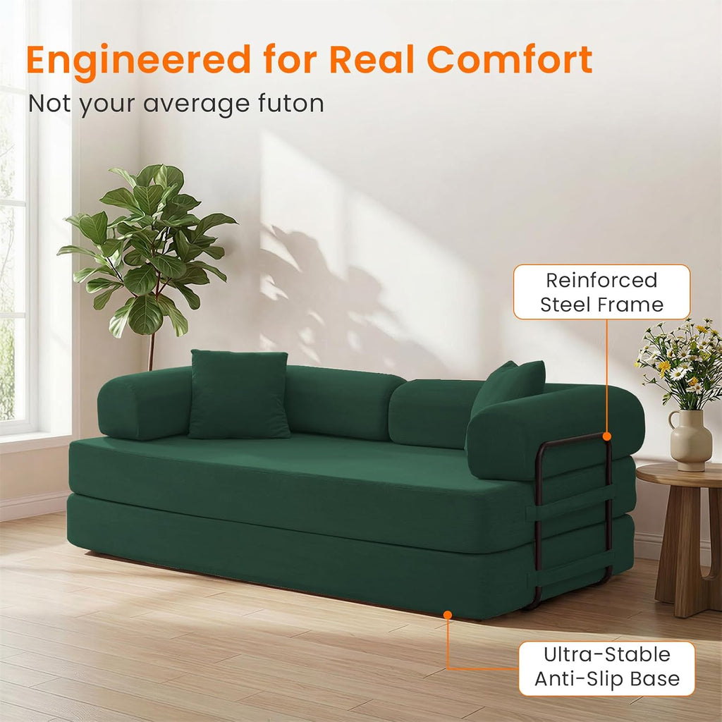 ijuicy 4-in-1 King Convertible Floor Sofa Bed w/ 2 Pillow,Modular Sleeper Sofa/Folding Futon Couch Bed w/Cylindrical Backrest and Fixed Frame,Lounge Couch,Corduroy Compression Sofas for Home-Green