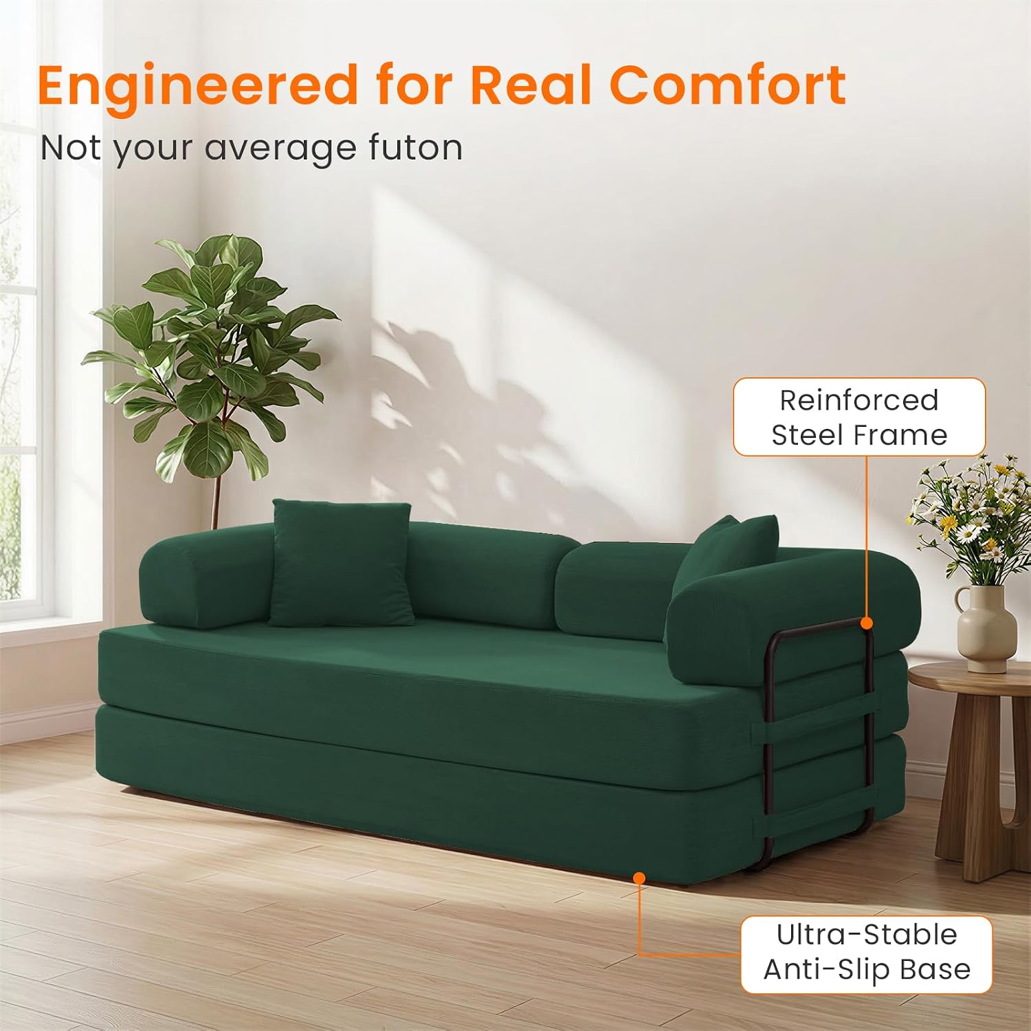 ijuicy 4-in-1 King Convertible Floor Sofa Bed w/ 2 Pillow,Modular Sleeper Sofa/Folding Futon Couch Bed w/Cylindrical Backrest and Fixed Frame,Lounge Couch,Corduroy Compression Sofas for Home-Green
