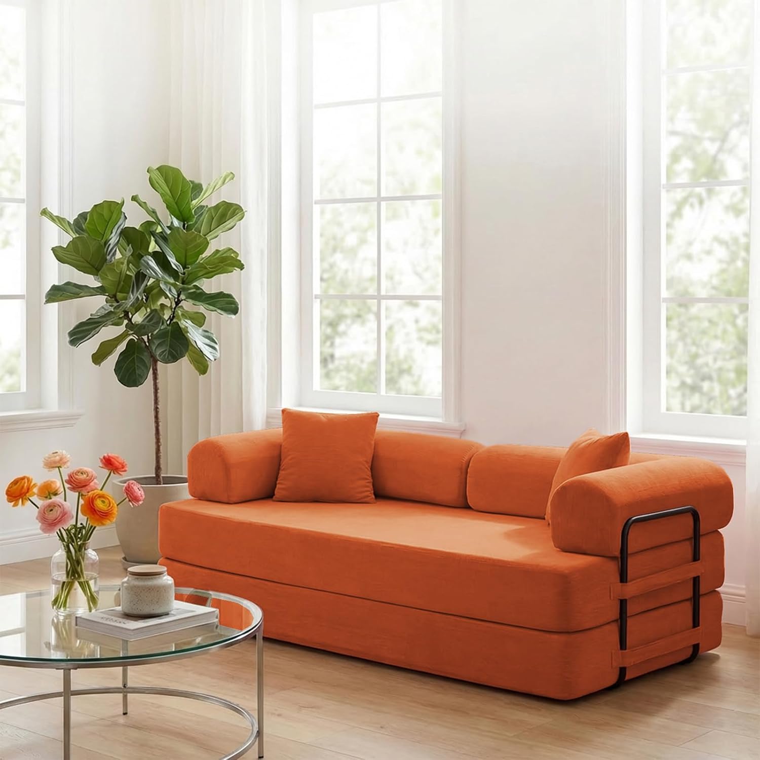 ijuicy 4-in-1 King Convertible Floor Sofa Bed w/ 2 Pillow,Modular Sleeper Sofa/Folding Futon Couch Bed w/Cylindrical Backrest and Fixed Frame,Lounge Couch,Corduroy Compression Sofas for Home-Orange