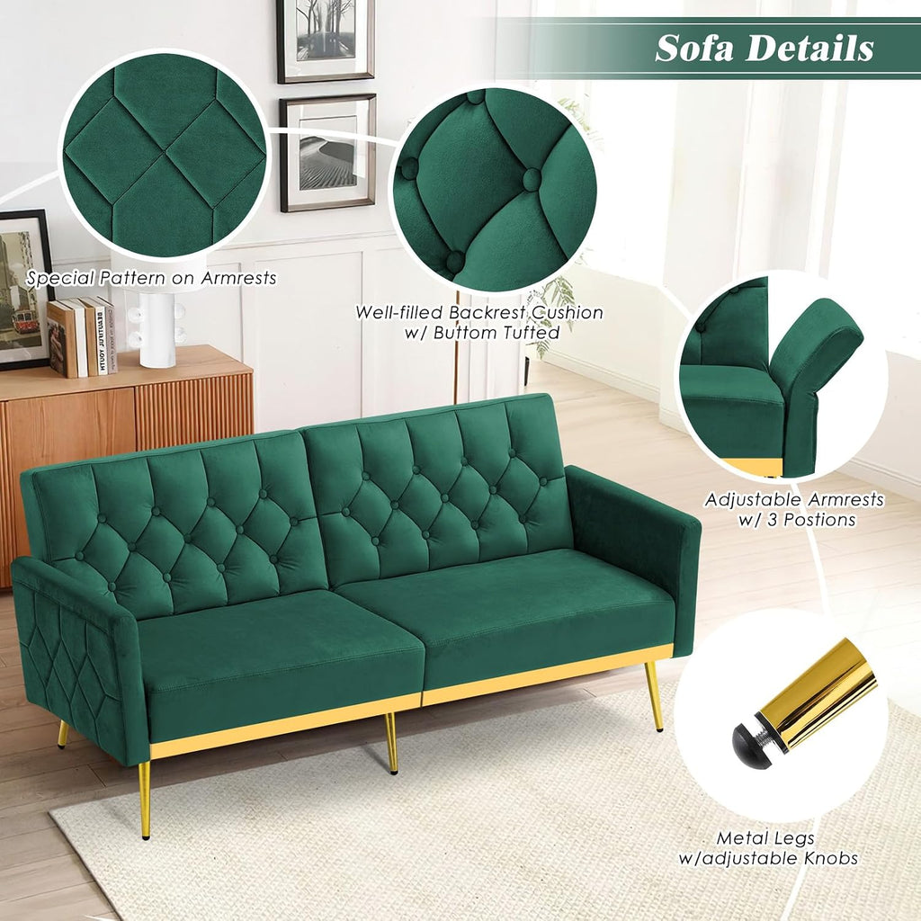 Velvet Futon Sofa Bed w/Adjustable Armrests & Backrests, Button Tufted Sleeper Couch, Modern Convertible Loveseat Sofa for Bedroom, Living Room, Apartment, Green