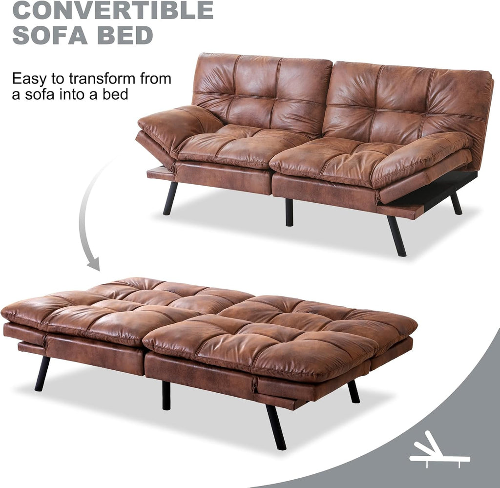 Futon Sofa Bed Convertible Couch,Memory Foam Futon Sofa Couch,Sleeper Futons Sofa Couches,Small Splitback Modern Loveseat Sofa Bed for Living Room,Office,Apartment,Faux Leather,Brown.