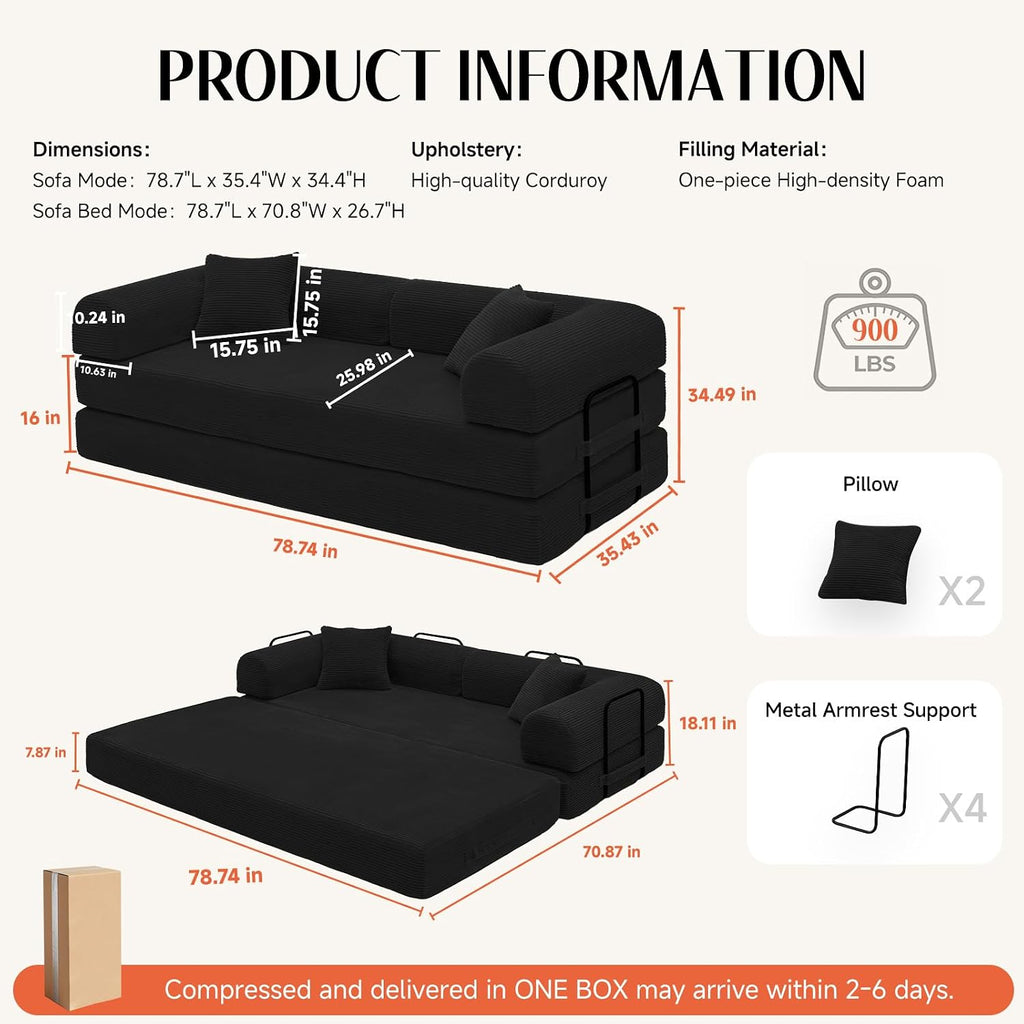 79' Corduroy Sofa Bed, Boneless Couch in a Box with 2 Pillows, High-Density Foam 4-in-1 Foldable Sleeper Futon Loveseat for Small Spaces, No Assembly,Black