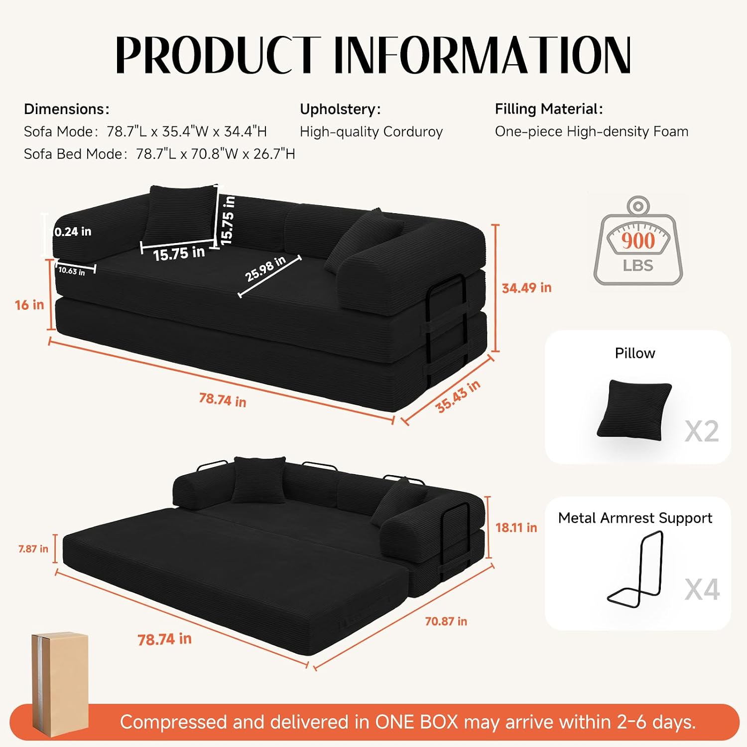 79' Corduroy Sofa Bed, Boneless Couch in a Box with 2 Pillows, High-Density Foam 4-in-1 Foldable Sleeper Futon Loveseat for Small Spaces, No Assembly,Black
