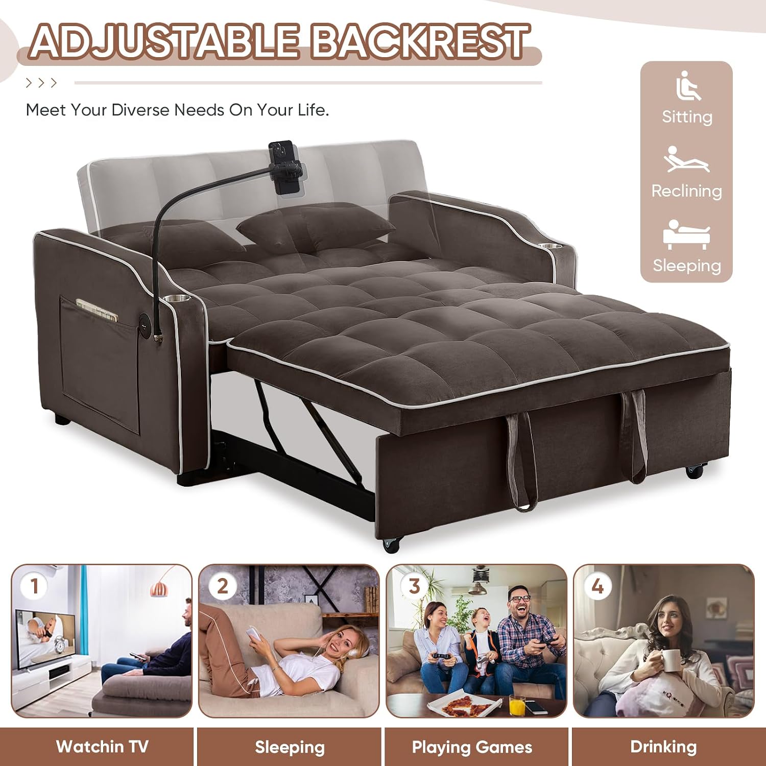 Antetek Sleeper Sofa Couch Bed with USB & Type C Port, Modern 3-in-1 Convertible Velvet Pull Out Loveseat Futon Sofa w/Phone Holder/Cup Holder for Living Room Apartment, Adjustable Backrest, Coffee