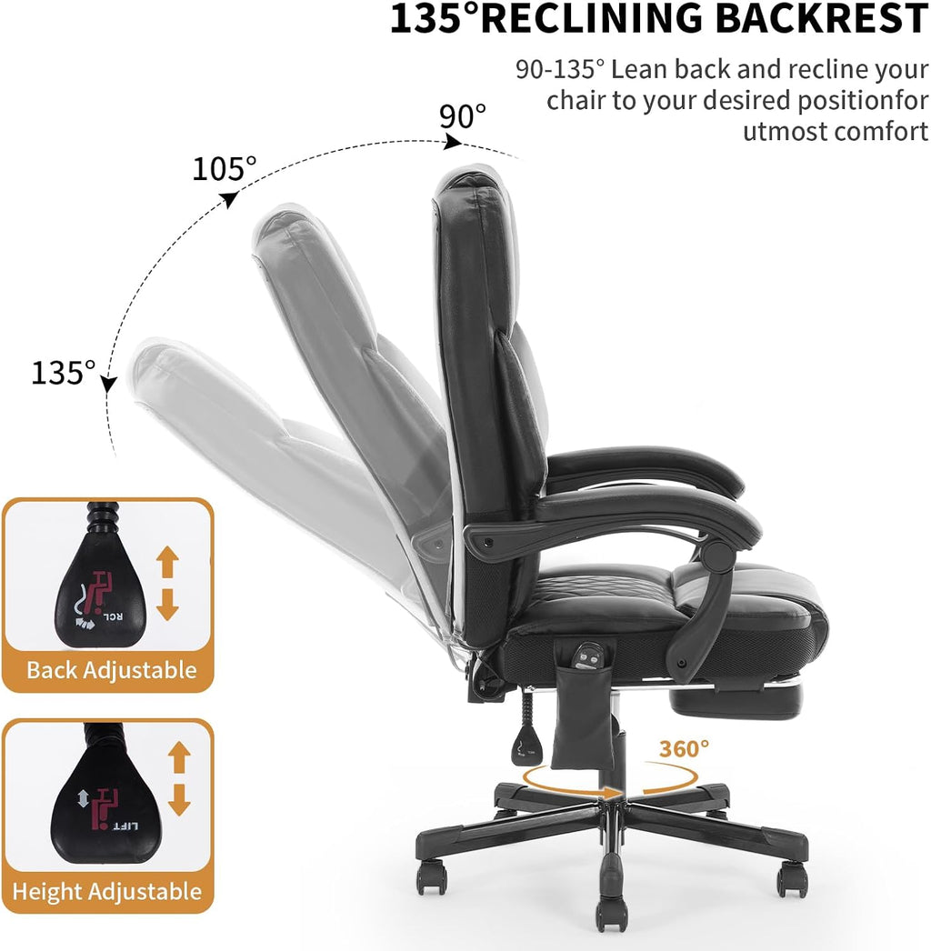 High-Performance Black Massage Office Chair Extendable Footrest + 6-Zone Vibration Heating 400lbs Heavy-Duty Recliner Ergonomic Executive Managerial Chair for Home Office Black