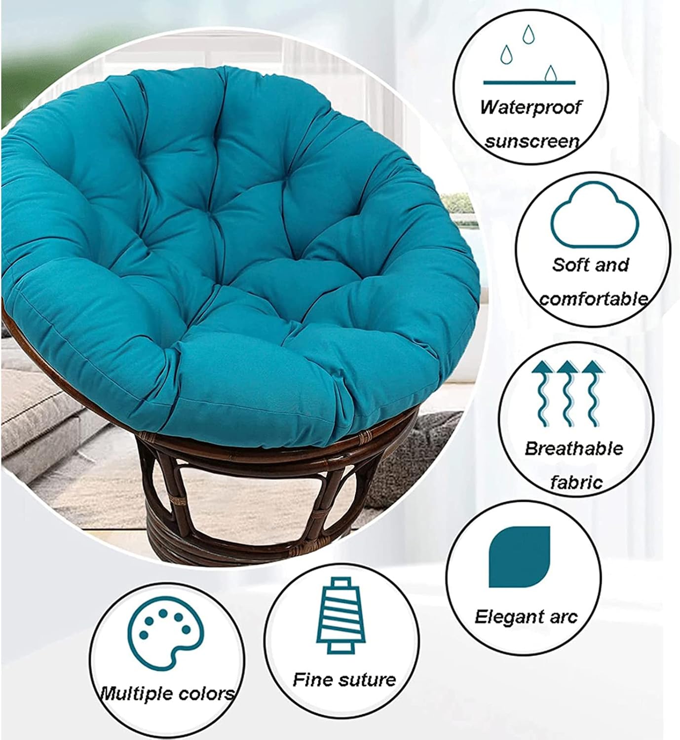 Papasan Chair Cushion Only Outdoor Waterproof Cloth Hammock Chair Pillow Pad Thicken Garden Hanging Chair Moon Radar Chair Cushions with Cotton Lining Soft and Comfortable,Gray,51in
