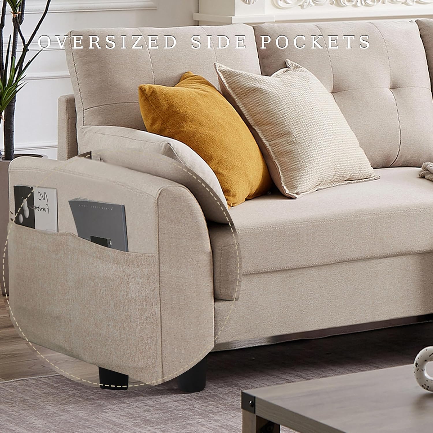 102' L-Shape Sofa Couch, Couch with Ottoman Coffee Table, 4 Seat Modern Sofa with Removable Cover for Apartment and Living Room, Beige